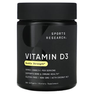 Sports Research, витамин D3, двойная сила действия, 50 мкг (2000 МЕ), 360 мягких таблеток