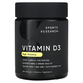 Sports Research, витамин D3, высокоактивный, 25 мкг (1000 МЕ), 360 мягких таблеток