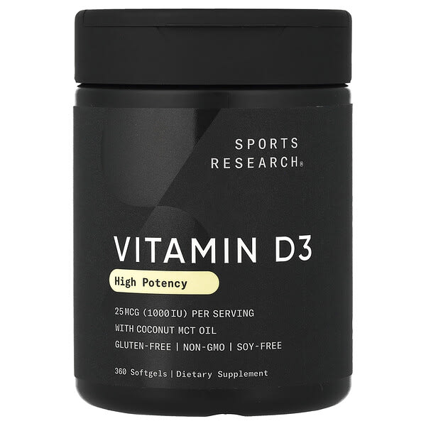 Sports Research, 비타민D3, 고효능, 25mcg(1,000IU), 소프트젤 360정