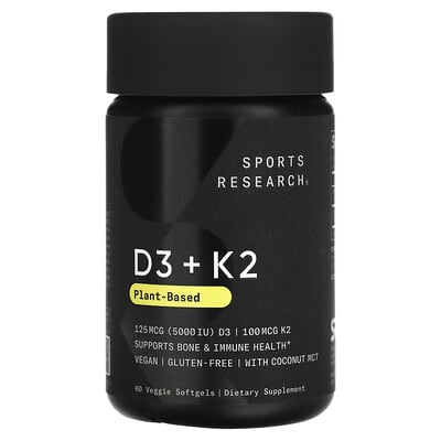SportsResearch,D3+K2,PlantBased,125mcg/100mcg,60VeggieSoftgels