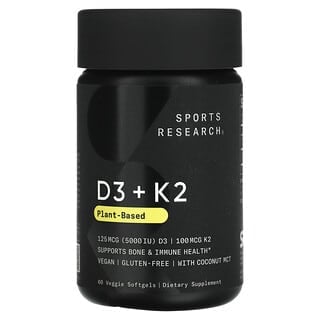 Sports Research, D3 + K2, рослинна основа, 60 рослинних капсул