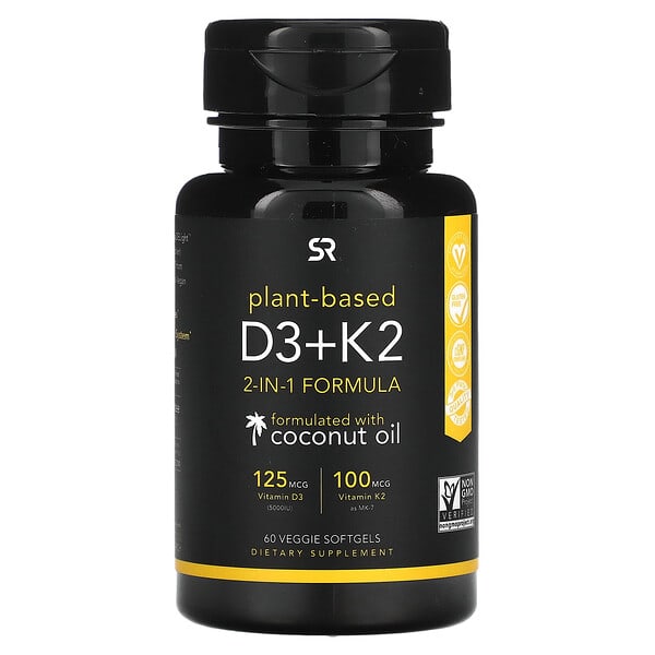 Sports Research, витамины D3+K2, на растительной основе, 60 растительных капсул