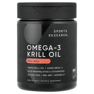 Sports Research, Aceite de kril antártico SUPERBA 2 con astaxantina, 500 mg, 120 cápsulas blandas