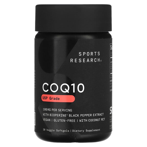 Sports Research CoQ10, USP Grade with BioPerine, 100 mg, 30 Veggie Softgels