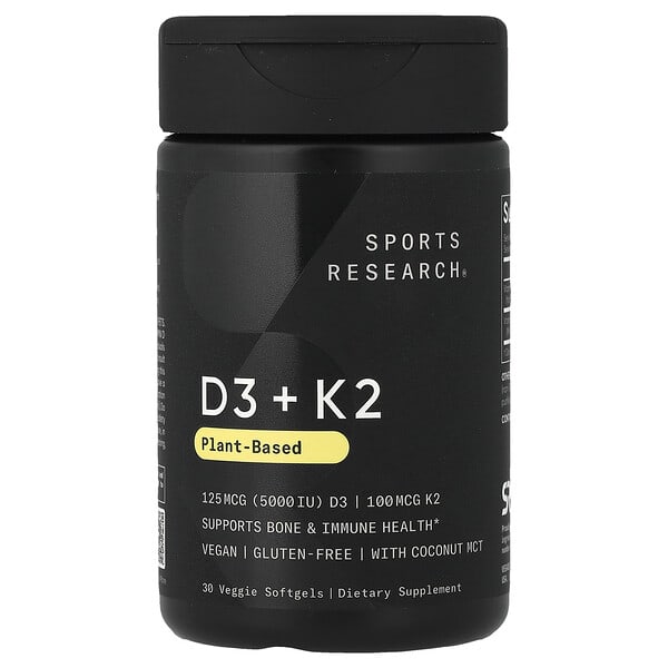 Sports Research, D3 + K2, 식물성 성분, 베지 소프트젤 30정