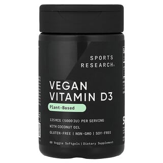 Sports Research, веганский витамин D3, 125 мкг (5000 МЕ), 60 растительных капсул
