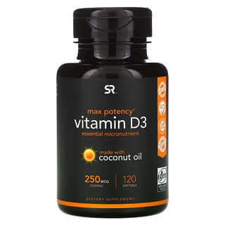 Sports Research, Vitamina D3 com Óleo de Coco, 250 mcg (10.000 UI), 120 Cápsulas Softgel