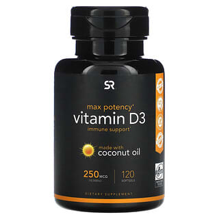Sports Research, Vitamine D3 avec huile de noix de coco, 250 µg (10 000 UI), 120 capsules à enveloppe molle