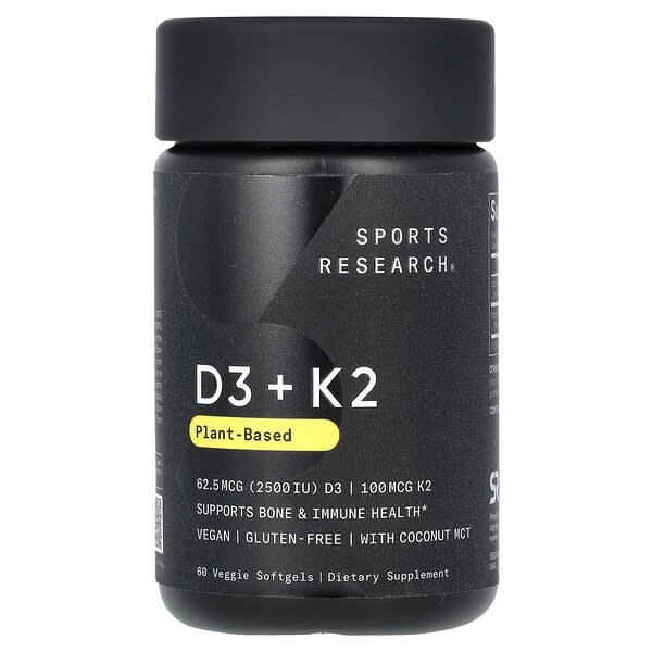 Sports Research, D3 + K2，植物基，62.5 微克/100 微克，60 粒素食軟膠囊