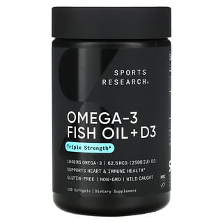 Sports Research, Olej rybny omega-3 + witamina D3, potrójna moc, 1040 mg i 62,5 µg (2500 j.m.), 120 miękkich kapsułek