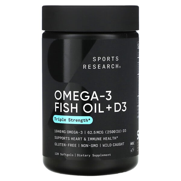 Sports Research, Omega-3 魚油 + D3，三倍功效，1,040 毫克和 62.5 微克（2,500 國際單位），120 粒軟凝膠