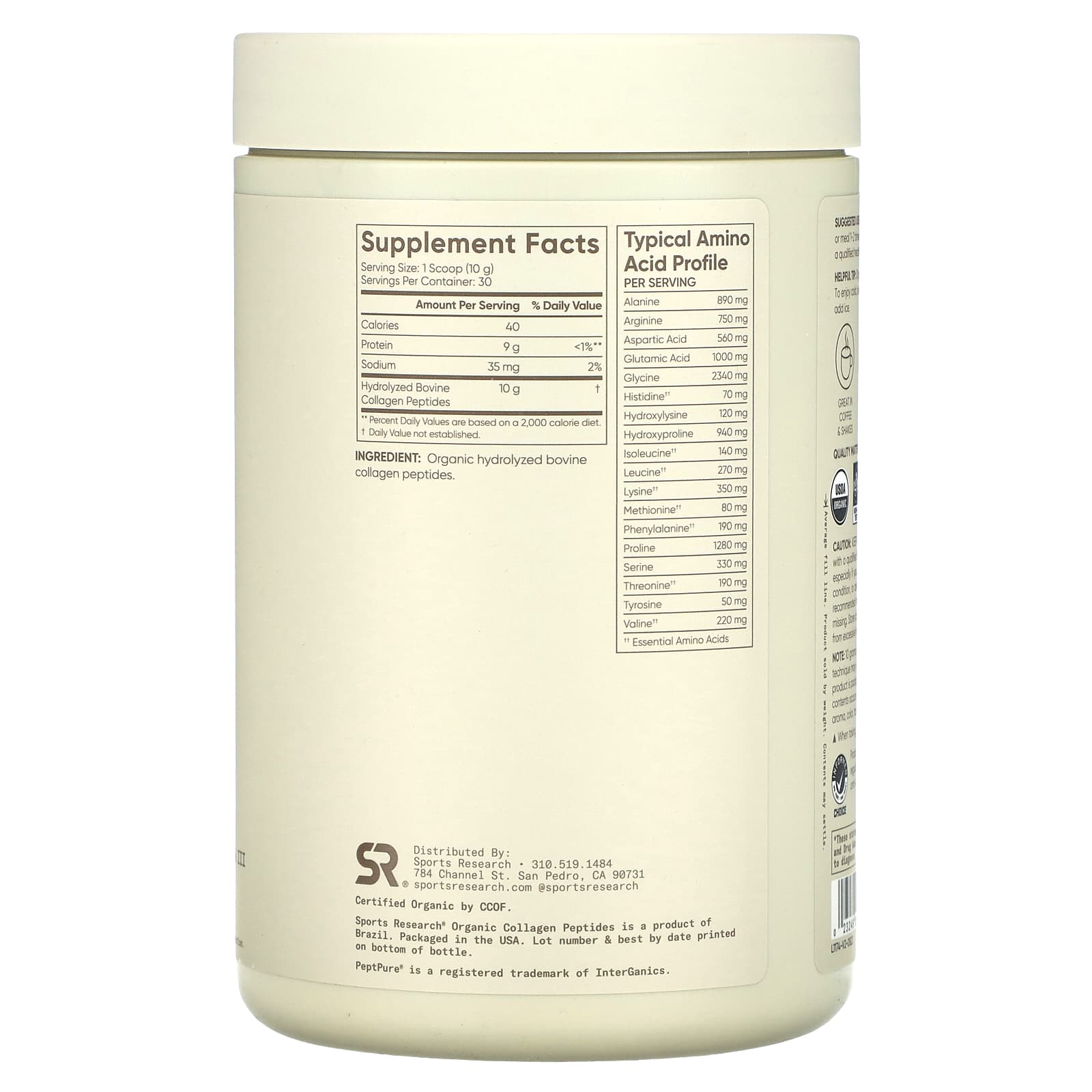 Sports Research, Organic Collagen Peptides, Unflavored, 10.58 oz (300 g)