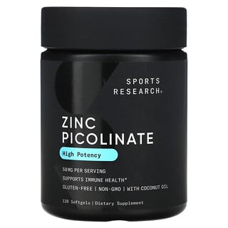 Sports Research, Picolinato de zinc, Alta potencia, 50 mg, 120 cápsulas blandas