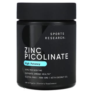 Sports Research, Picolinato de zinc, Alta potencia, 30 mg, 180 cápsulas blandas