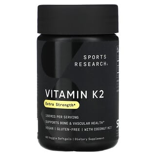 Sports Research, Vitamina K2, Concentración extra, 180 mcg, 60 cápsulas blandas vegetales
