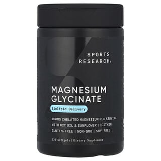 Sports Research, Glicinato de magnesio, 160 mg, 120 cápsulas blandas (80 mg por cápsula blanda)