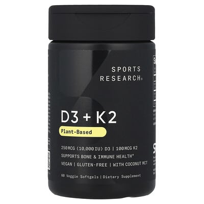 SportsResearch,D3+K2,Plant-Based,250mcg/100mcg,60VeggieSoftgels