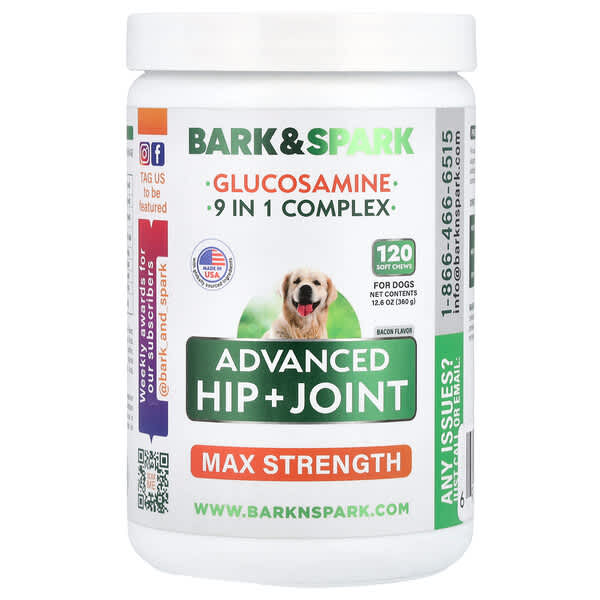 Bark&Spark, 葡萄糖胺，高級髖 + 關節，特強型，狗用，培根，120 片軟咀嚼片