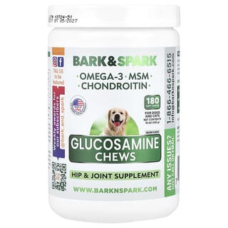 Bark&Spark, Friandises à base de glucosamine à mâcher, Pour chiens et chats, Bacon, 180 friandises molles à mâcher, 432 g