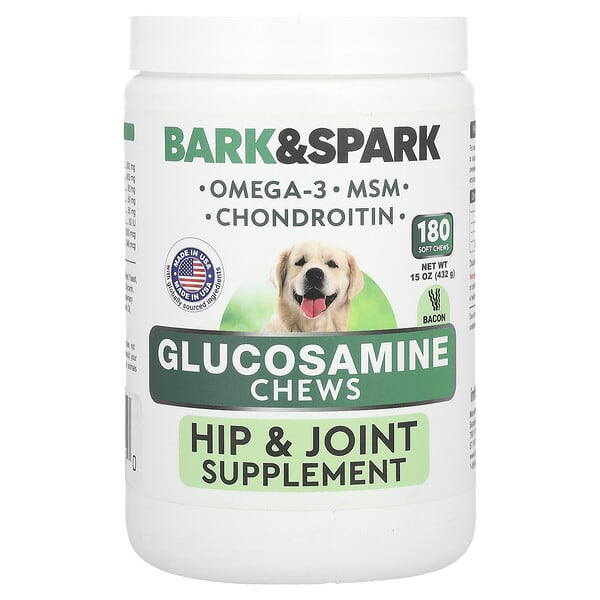 Bark&amp;Spark, Glucosamine Chews, For Dogs, Bacon, 180 Soft Chews, 15 oz (432 g)