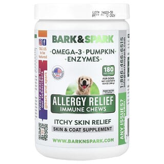 Bark&Spark, Soulagement des allergies et défenses immunitaires, Soulagement des démangeaisons cutanées, Pour chiens, Beurre de cacahuète, 180 bouchées à mâcher molles, 396 g