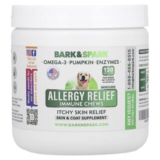 Bark&Spark, アレルゲン リリーフ イミューン チュアブルサプリメント、かゆみが気になる肌のケア、犬用、ベーコン味、ソフトチュアブル120粒、264g（9.3オンス）