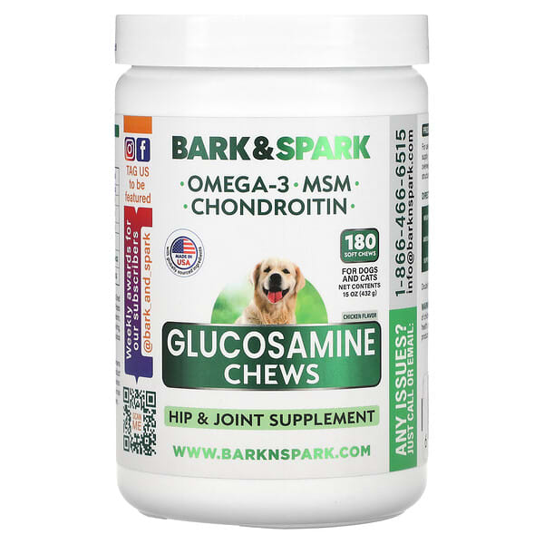 Bark&amp;Spark, Glucosamine Chews, For Dogs and Cats, Chicken , 180 Soft Chews, 15 oz (432 g)