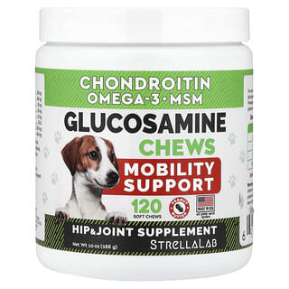 StrellaLab, Glucosamine à mâcher, Pour chiens et chats, Beurre de cacahuète, 120 gommes à mâcher molles, 288 g