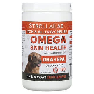 ستريلا لاب‏, Omega Skin Health بزيت السلمون ، للكلاب والقطط ، سالمون ، 180 قطعة قابلة للمضغ ، 18 أونصة (513 جم)