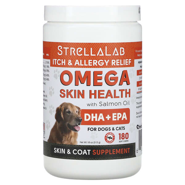 StrellaLab, Omega 鮭魚油皮膚健康配方，貓狗專用，鮭魚味，180 片咀嚼軟片，18 盎司（513 克）