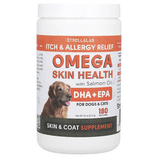 StrellaLab, Omega Skin Health con aceite de salmón, Para perros y gatos`` 180 comprimidos masticables blandos, 513 g (18 oz)