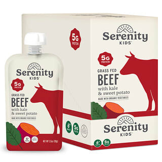Serenity Kids, Hovězí krmené trávou s kapustou a batáty, 6+ měsíců, 6 sáčků, každá 99 g (3,5 oz)