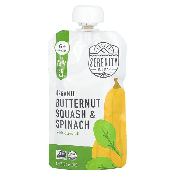 Serenity Kids, 含酪梨油的有機冬南瓜和菠菜，6 個月以上，3.5 盎司（99 克）