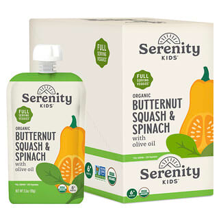 Serenity Kids, органическая мускатная тыква и шпинат с оливковым маслом, для детей от 6 месяцев, 6 паучей по 99 г (3,5 унции)