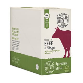 Serenity Kids, Bœuf nourri à l'herbe et gingembre au pois, poivron et brocoli, À partir de 6 mois, 6 gourdes, 99 g pièce