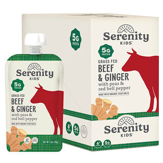 Serenity Kids, Grass Fed Beef + Ginger with Pea, Bell Pepper & Broccoli, 6+ Months, 6 Pouches, 3.5 oz (99 g) Each