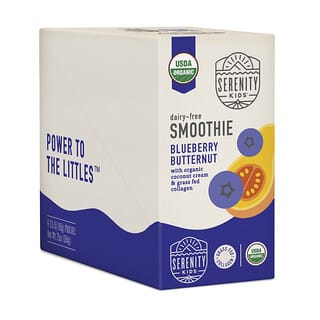 Serenity Kids, Bezmliečne smoothie s kolagénom, pre všetky vekové kategórie od 6 mesiacov, s lesným ovocím a maslovou príchuťou, 6 vrecúšok, každé po 99 g