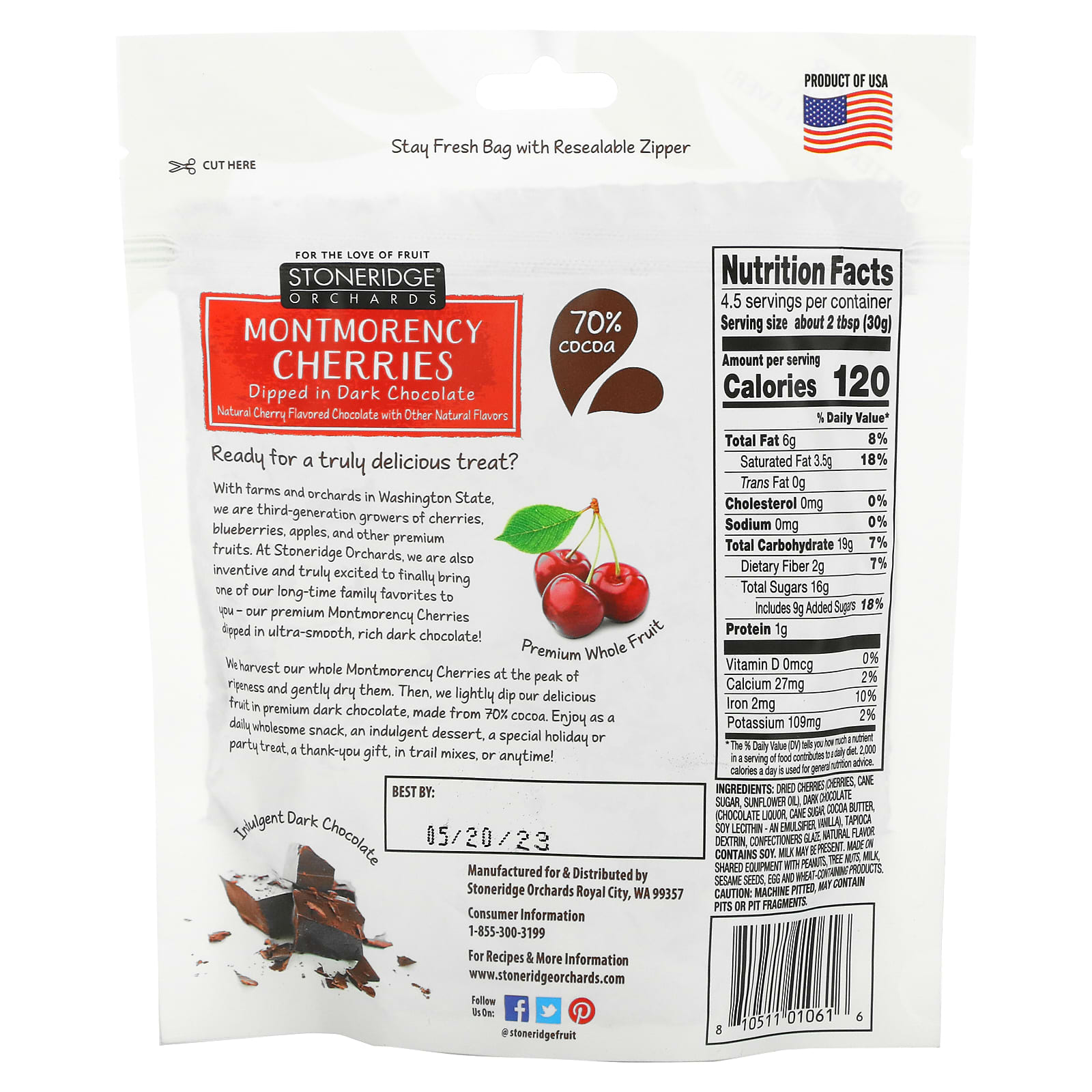 Stoneridge Orchards, Montmorency Cherries, Dipped in Dark Chocolate, 70 Cocoa, 5 oz (142 g)
