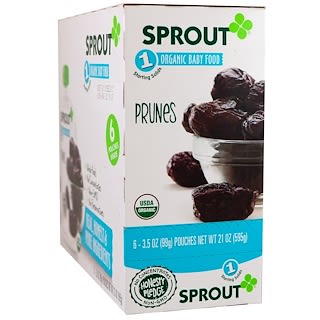 Sprout Organics, Baby Food, Stage 1, Prunes, 6 Pouches, 3.5 oz (99 g) Each