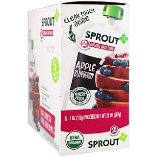 Sprout Organics, Baby Food, Stage 2, Apple, Blueberry, 5 Pouches, 4 oz (113 g) Each