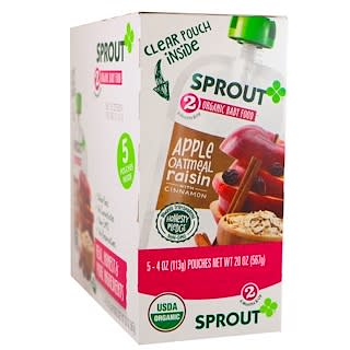 Sprout Organics, Alimentos para bebé, Etapa 2, Manzana, Avena, Pasas con Canela, 5 Sobres, 4 oz (113 g) c/u