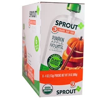 Sprout Organics, Baby Food, Stage 3, Pumpkin, Apple, Red Lentil With Cinnamon, 6 Pouches, 4 oz (113 g) Each