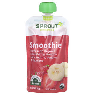 Sprout Organics, Aliments pour bébés, Smoothie, À partir de 12 mois, Fraise, Banane et yaourt, Légumes et graines de lin, 113 g