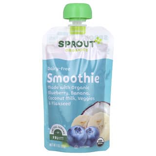 Sprout Organics, Comida para bebés, Batido, 12 meses en adelante, Arándano azul, plátano, leche de coco, Vegetales y semillas de lino`` 113 g (4 oz)
