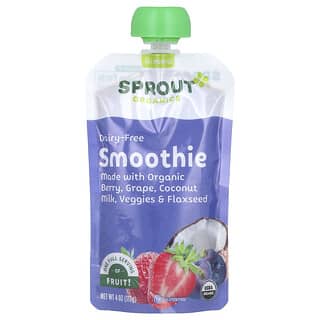 Sprout Organics, Comida para bebés, Batido sin lácteos, A partir de 12 meses, Bayas, uva, leche de coco, Vegetales y semillas de lino`` 113 g (4 oz)