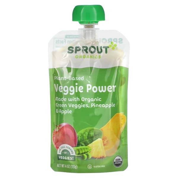 Sprout Organics, 嬰兒食品，素食粉，12 個月及以上，綠色蔬菜、鳳梨和蘋果，4 盎司（113 克）