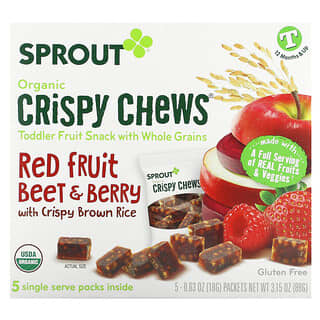 Sprout Organics, وجبة Crispy Chews الخفيفة للأطفال من سن 12 شهر فيما فوق، بنكهة الفواكه الحمراء تحتوي على بنجر وتوت وأرز بني مقرمش، مكونة من 5 أكياس وزن الكيس 0,63 أونصة (18 جم)