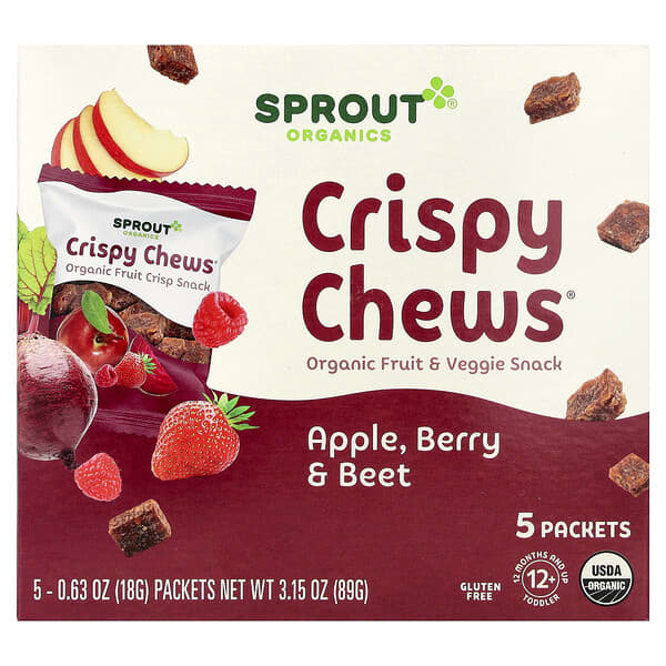 Sprout Organics, 酥脆咀嚼物，12 個月及以上，紅色水果甜菜和漿果及脆糙米，5 包，每包 0.63 盎司（18 克）