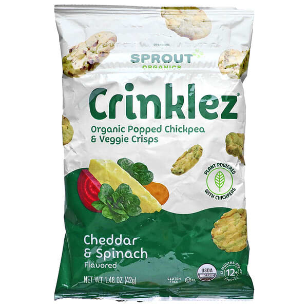Sprout Organics, Crinklez，膨化鷹嘴豆和蔬菜零食，12 個月及以上，切達乳酪和菠菜，1.484 盎司（42 克）