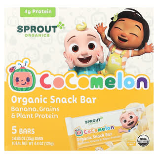 Sprout Organics, Cocomelon, органічний снековий батончик, для дітей від 2 років, банан, злаки та рослинний білок, 5 батончиків по 25 г (0,88 унції)
